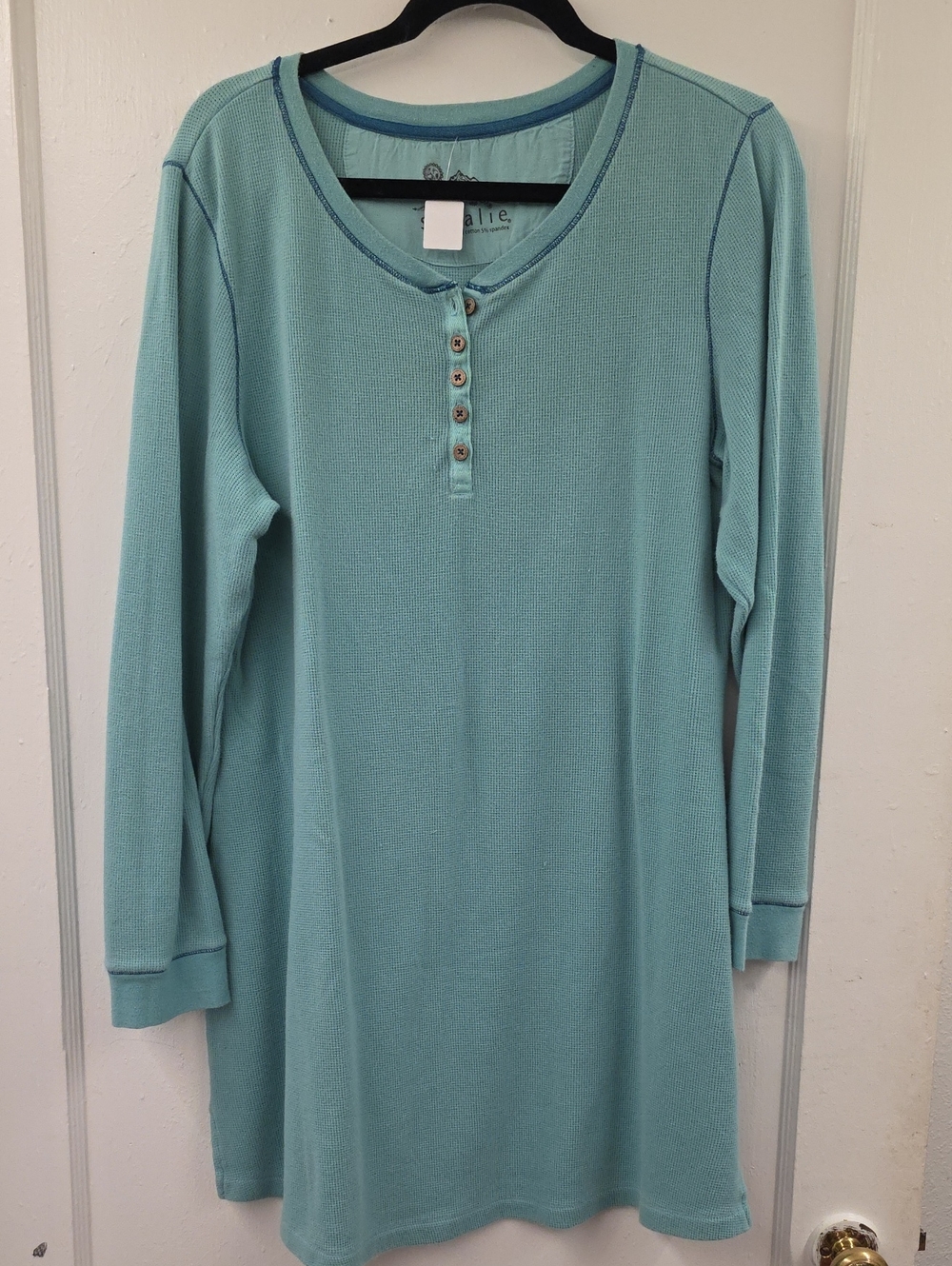 Sahalie Waffle Knit Henley Top Aqua Cotton Blend Side Slits XL